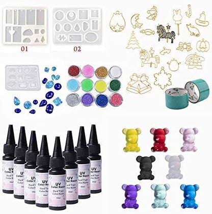 8 Color UV Resin Translucent Hard with Jewelry Casting Supplies Kit 3 Molds 17 Frames Open Bezels & Tapes for Pendants Earrings Necklaces Keychains Brooches Charms with Holographic Glitter Powder by VidaRosa