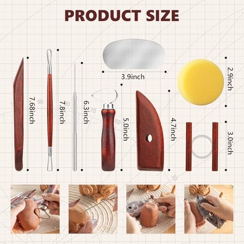 8PCS Stained Wooden Pottery Sculpting Tools, Wood Clay Cleaning Tool Set, Ceramic Modeling Tool for Carving, Molding, Cutting, Trimming, Pottery Wheel, Crafting, Beginners, Adults, Students - Image 3