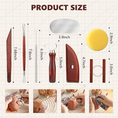 8PCS Stained Wooden Pottery Sculpting Tools, Wood Clay Cleaning Tool Set, Ceramic Modeling Tool for Carving, Molding, Cutting, Trimming, Pottery Wheel, Crafting, Beginners, Adults, Students - Image 3