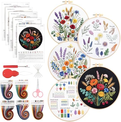 Yinder 5 Set Embroidery Kit for Beginner Starter Kit, Flowers by Yinder