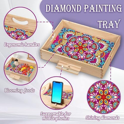 EWJRNSF Diamond Art Kits for Adults Wooden Serving Trays with Handles, 5D Diamond Painting Big Gem Arts and Craft Gifts Trays with Phone Holder Decor Gift Home Decor 12.2x16.1 Inches Mandala - Image 5
