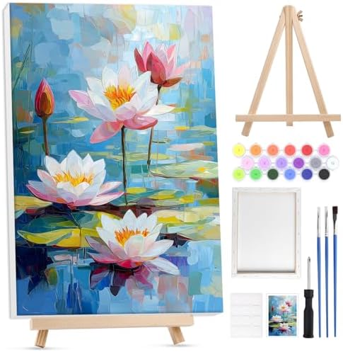 Bowetile Framed Paint by Numbers for Adults Beginners with Wooden Easel, Flowers Lotus Adults' Paint-by-Number Kits on Canvas, Easy DIY Acrylic Number Painting for Home Decor Birthday Gifts, 8x12in by BOWETILE