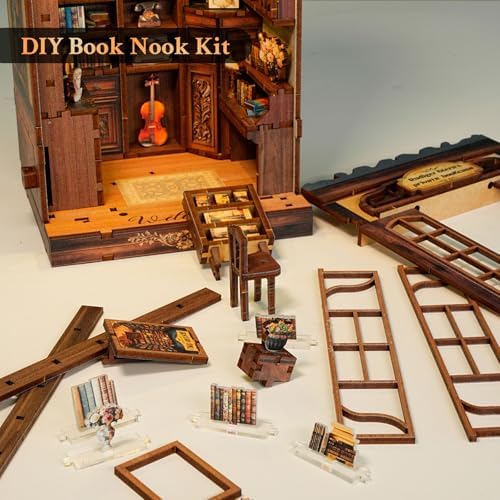 Book Nook Kit Retro Private Bookcase 3D Wood Miniature House with LED Light - Image 6