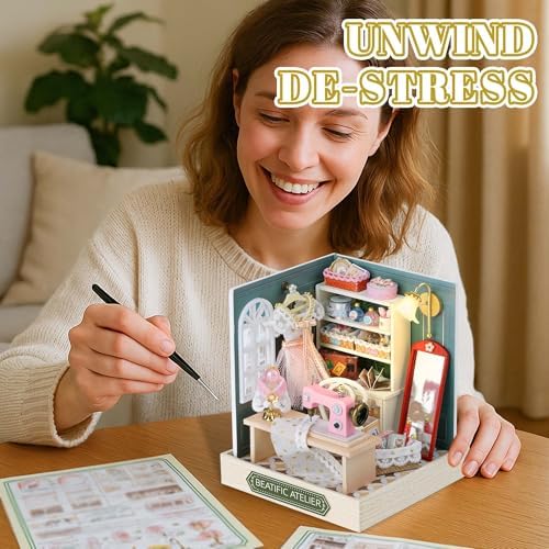 Kisoy Dollhouse Miniature with Furniture Kit, DIY 3D Wooden DIY House Kit with Dust Cover,Handmade Tiny House Toys for Teens Adults Gift (Beatific Atelier) - Image 3
