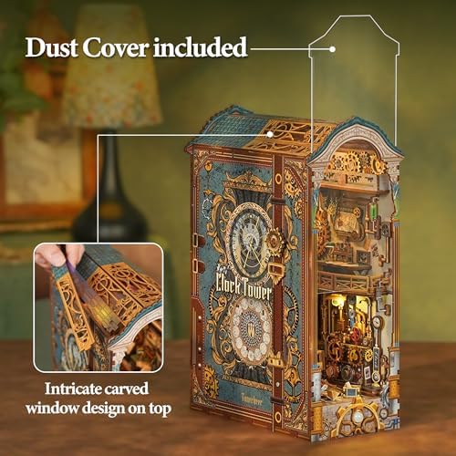Tonecheer DIY Book Nook Kit for Adults, 3D Wooden Puzzle Bookend Miniature House Kit, Booknook Bookshelf Insert Decor with Dust Cover and LED Lights Gifts (Clock Tower) - Image 4