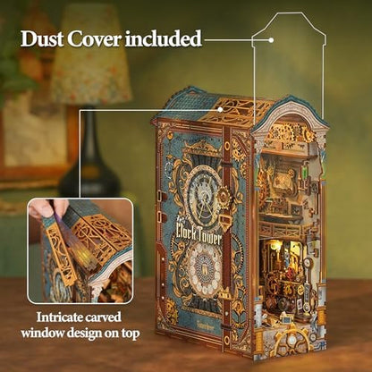 Tonecheer DIY Book Nook Kit for Adults, 3D Wooden Puzzle Bookend Miniature House Kit, Booknook Bookshelf Insert Decor with Dust Cover and LED Lights Gifts (Clock Tower) - Image 4