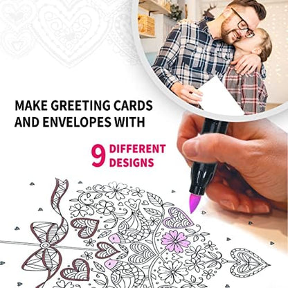 SpiceBox Mindful Adult Coloring DIY Greeting Cards Set, Card Making Kits for Holiday Christmas, Valentine’s Day, Mother’s Day, Thank You, with Markers, Gel Pens, and Calligraphy Pen, Hobby Kits - Image 4