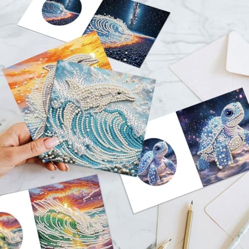 Artiphile DIY Pearl Art Painting Greeting Card Set Crafts Decor 6-Piece Foldable Cards Kit with Envelopes and Tools for Holiday Wishes Adult Crafting Project-Dolphin - Image 7