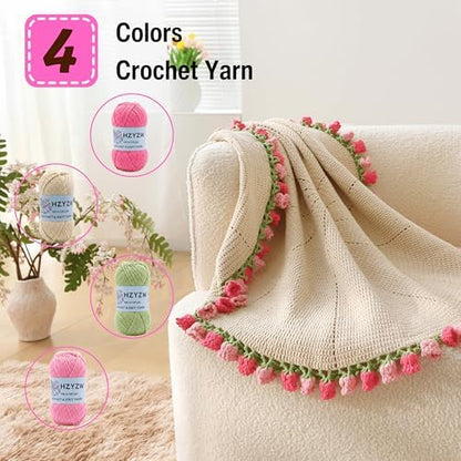 HZYZW Crochet Flower Blanket Kit for Beginners, 40'' Lily of The Valley Bouquet, Blanket Shawl Throw Kits for Adults, How to Knitting with Yarn, Home Decor Gifts for Crocheters (Grey-Pink Lily) - Image 3