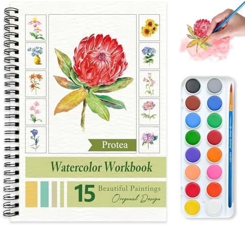 Watercolor Workbooks for Adults Beginners & Teens, 16 Colors 15 Beautiful Paintings, Pre-Outlined Designs, Easy Watercolor Art Book（Protea） by Terself