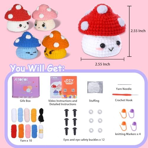 Atofoi Crochet Kit for Beginners Adults Kids - Amigurumi Crochet Kit for Beginners with Step-by-Step Video Tutorials - Beginner-Friendly Yarn - Easy Learn to DIY Knitting Supplies - 4 Pack Mushroom - Image 4