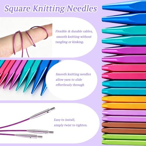 Yarniss 9 Pairs Square Circular Knitting Needles Set with Cable US 2.5~11 - Image 3