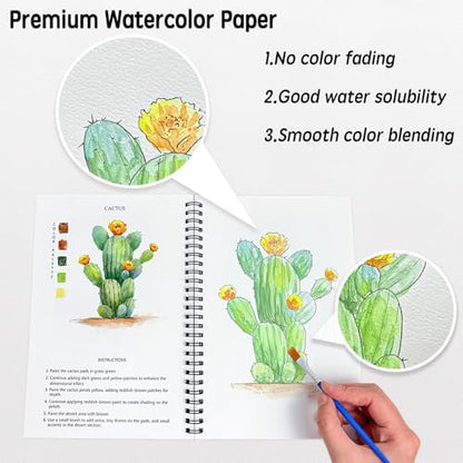 SLWBZ Watercolor Workbook Flower Plants, 15 Different Patterns of Original DIY Designs, 16 Color Watercolor Paint Plates with Palette and Brush, Beginner-Friendly Watercolor Workbooks, Plants - Image 3