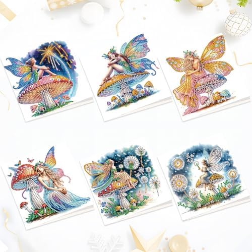 Tontut 6pcs Diamond Art Painting Kit Greeting Card, Genie on Mushroom 5D DIY Diamond Handmade Holiday Greeting Card with Envelope, Holiday Gift Congratulation by Tontut