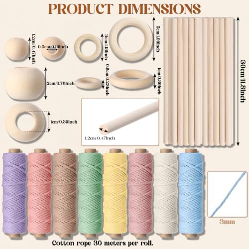 Wesnoy 268 Pcs Macrame Kits for Adults Beginners Weaving Supplies with 3 mm Macrame Cord Cotton, Wooden Beads, Wooden Rings and Sticks for DIY Plant Hangers Wall Hangings, No Insturctions (Pastel) - Image 3