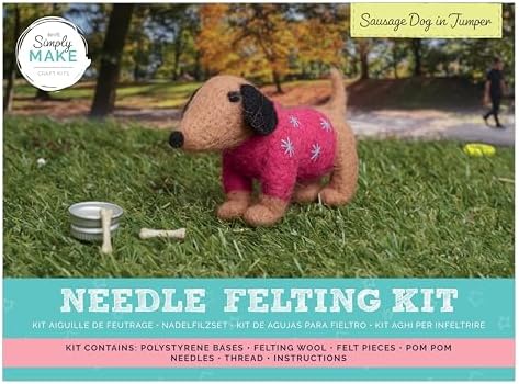 Simply Make Needle Felting Kit, Sausage Dog in Jumper, Needle Felting Kit with Felting Needles and Felting Wool, Ideal Needle Felting Kits for Beginners, Fun DIY Craft Kit by Simply+MAKE