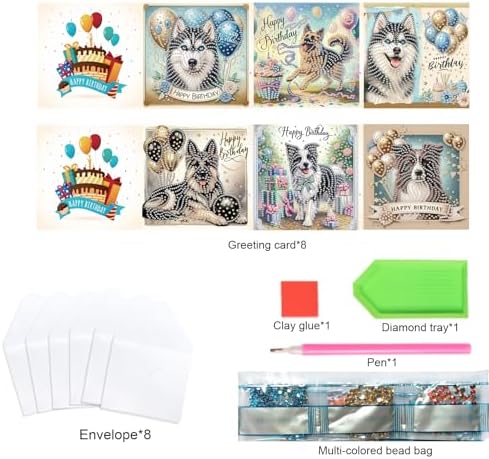 TDFERAN Diamond Painting Dog Birthday Card 6 Set Husky Cards Art Work Crystal Puzzle Dog Birthday Party Diamond Balloon Invitation Animal Party Holiday Event Cards Card for All Occasions - Image 3