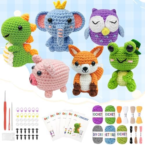 YHOYUJIA 6Pcs Crochet Kit for Beginners, 2026 DIY Craft for Adults, Great Gift for Crochet Lovers, Crocheting Animal Kits with Step by Step Videos,Yarn,Crochet Hook,Birthday Holiday Gift by Unknown