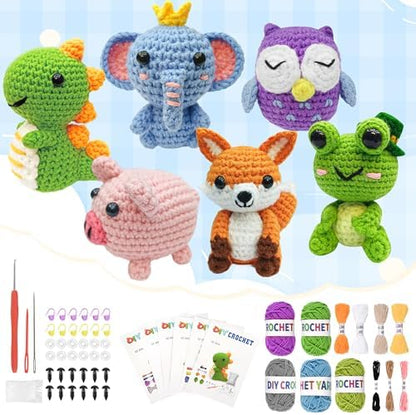 YHOYUJIA 6Pcs Crochet Kit for Beginners, 2026 DIY Craft for Adults, Great Gift for Crochet Lovers, Crocheting Animal Kits with Step by Step Videos,Yarn,Crochet Hook,Birthday Holiday Gift by Unknown