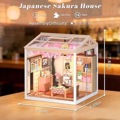 DIY Japanese Sakura Izakaya Miniature House Kit, LED Light Mini Dollhouse Kit for Adults and Teens, with Roof & Dust Covers, Tiny House Gifts for Kids and Adults - Image 2