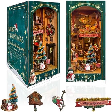 Christmas Book Nook Kit with LED Light - DIY 3D Puzzles Miniature House Kit Rotating Decorative Dollhouse Book Nooks for Adults Teens Gift - Jingle Cabin (SQ-34) by IBOHEYE