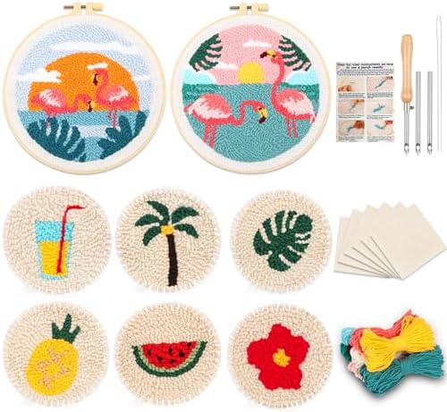 Sukhumvit 8PCS Punch Needle Coaster Kit, Beginners Adults Punch Needle Set with 8 Hawaiian Flamingos Tufted Patterns, Includes Yarn, Hoop&Pads, Starter Embroidery Kit DIY for Coaster & Home Decor by Sukhumvit