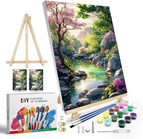 JOOZ Paint by Numbers Kit for Adults with Frame, Landscape Paint by Number Canvas, Mountain Paint by Numbers with Easel, DIY Flowers Scenery Oil Painting Kit for Home Wall Decor 8 x 12 Inch by Jooz