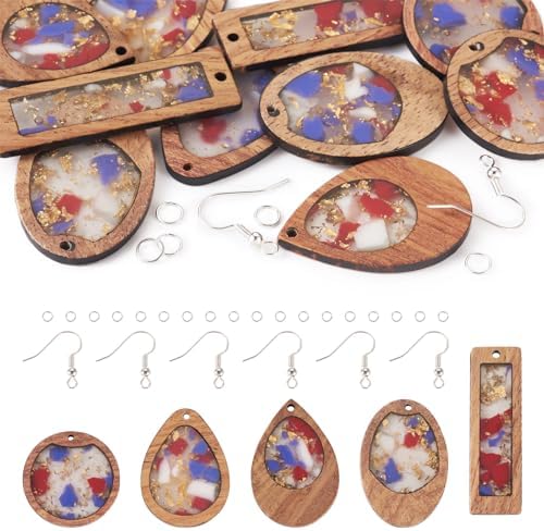 Boutigem 50Pcs Geometrical Wood Earring Pendant Set with Teardrop Flat Round Rectangle Oval Resin Wood Statement Charms Earring Hooks Jump Rings for Vintage Jewelry Making Supplies by BoutigemJewelry