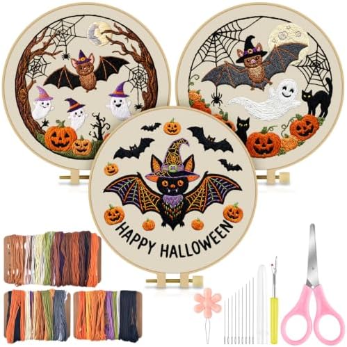 TINDTOP Halloween Embroidery Kit for Adult, 3 Pack Embroidery DIY Starter Kit, with Stamped Patterns, Hoop, Tools, Colorful Threads with Needles, Instructions by TINDTOP