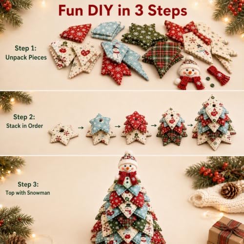 Quilted Christmas Tree Kit – Pre-Cut Fabric & Foam Cone DIY Tabletop Decoration with Tree Topper, No-Sew Holiday Craft Kit for Adults & Kids, Christmas Tree Decorations for Home, Party & Gifts (set8) - Image 5