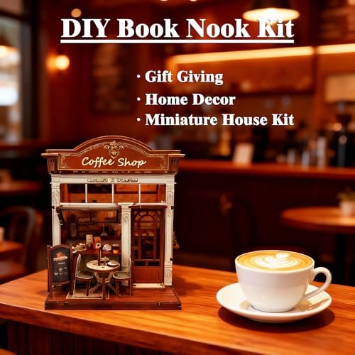 3D Wooden Coffee Shop Book Nook Kit - DIY Miniature Model with LED Lights, 143 Precision-Cut Pieces for Adults & Teens (1:24 Scale, Stress Relief Craft Gift) - Image 4