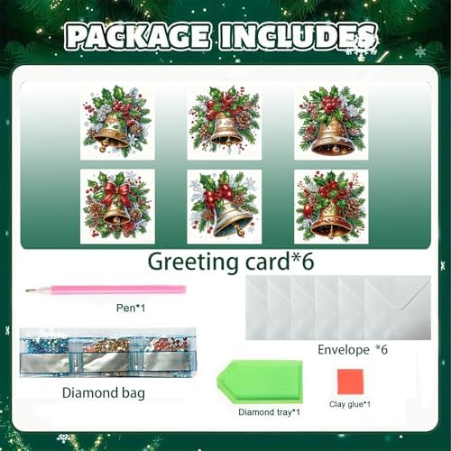 jinglinhh 6pcs Diamond Art Painting Christmas Bell Greeting Cards with Envelopes, DIY Card Making Kits for Adults, Diamond Art Christmas Cards for Birthday Holiday Postcards - Image 3