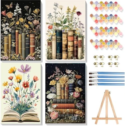 4 Pack Book Paint by Numbers for Adults with Framed Canvas - Wooden Easel by xackcme