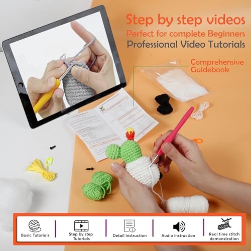 A-URA Learn to Crochet Kit for Beginners Kids and Adults, Premium Pattern Sunflower Beginner Crochet Kits with Easy Tube Yarn & Step-by-Step Video Tutorials (Panda Cactus Crochet Kits) - Image 4