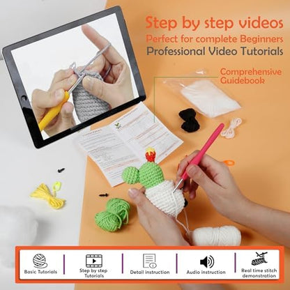 A-URA Learn to Crochet Kit for Beginners Kids and Adults, Premium Pattern Sunflower Beginner Crochet Kits with Easy Tube Yarn & Step-by-Step Video Tutorials (Panda Cactus Crochet Kits) - Image 4