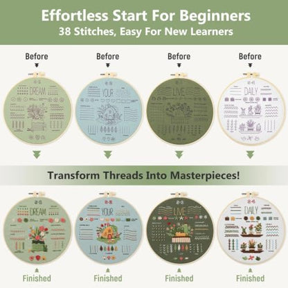 Snuvid Embroidery Kit for Beginners, 4 Stages to Learn 38 Stitches with Step-by-Step Video Tutorials, Pre-Printed Patterns, Embroidery Hoop, Threads and Needles for Adults - Image 2