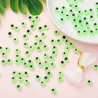 200pcs Flat Round Evil Eye Beads Handmade Resin Lampwork Bead 8mm Charms Spacer Beads with Elastic Rope for Bracelets Necklace Jewelry Craft Making (Grass Green) - Image 2