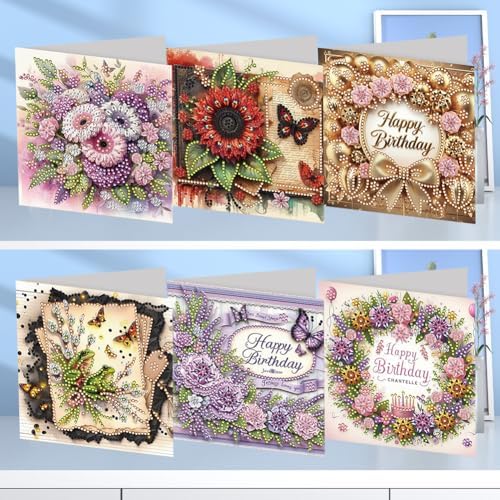 6PCS DIY Diamond Art Birthday Greeting Cards - Special Flower Pattern for AdultsSpecial Shaped Diamond Blessing Folding Card with Envelopes, Thoughtful Gift for Family Friends Partners - Image 2