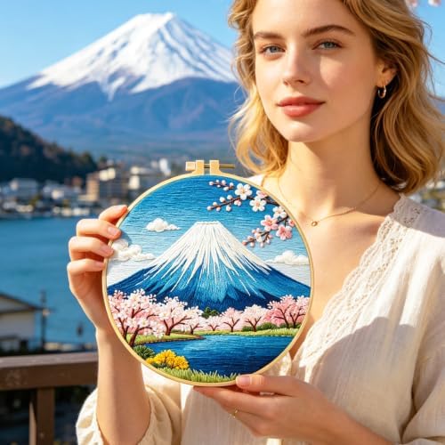 BEUNITONE 4 Pcs Embroidery Kit for Beginner, Ukiyo-e Style Landscape Wave Pattern Embroidery Materials, Cross Stitch Set with Cloth, Thread, Needle and Hoop Tools for Friendship Gift and Home Decor - Image 5