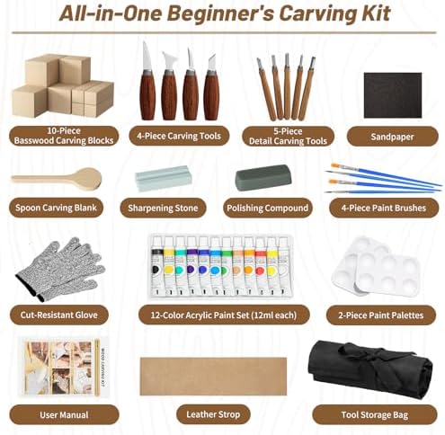 Wood Carving Kit, Wood Carving Tools Set with Carving Knives Detail Knives Basswood Blocks Gloves Polishing Compound Coloring Set, Wood Whittling Kit for Beginners DIY Hobbies for Adults - Image 2