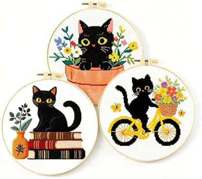 Zhenqing 3-Piece Black Cat Cross Stitch Kit for Beginners - Complete Set with Pre-Printed 11CT 24x24cm Fabric, Hoop, Threads & Tools (3 Adorable Cat Designs)(70403) by ZhenqingHomeFlagship