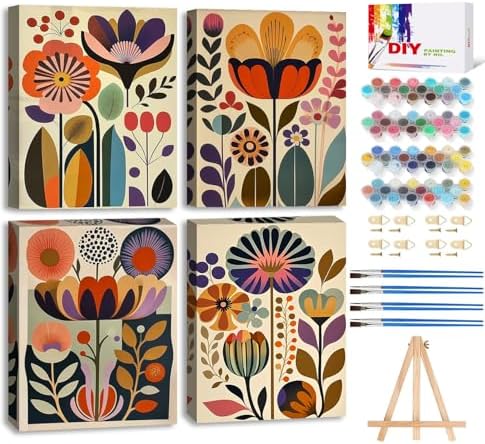 LWZAYS 4 Pack Floral Paint by Numbers Kit for Adults with Frame, Easy Flowers Paint by Number for Adults Beginner with Wooden Easel, DIY Painting by Numbers Canvas Framed for Home Decor 8 x 12 Inch by LWZAYS