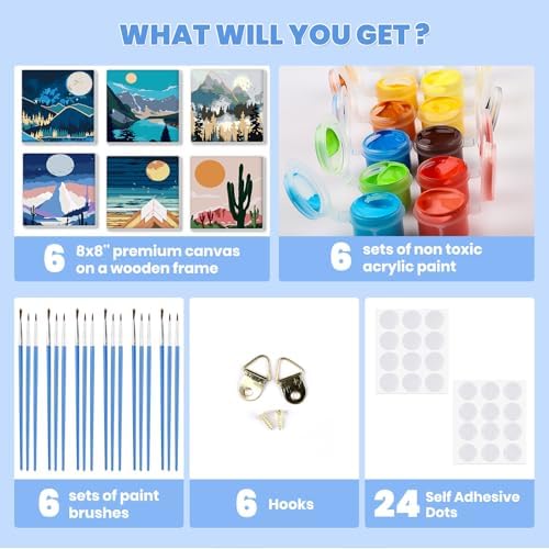Bowetile 6 Pack Paint by Numbers for Adults Beginners Framed, Landscape Adults' Paint-by-Number Kits, Easy Adult Paint by Number Kits on Canvas, Acrylic Number Painting for Home Decor, 8x8in - Image 6