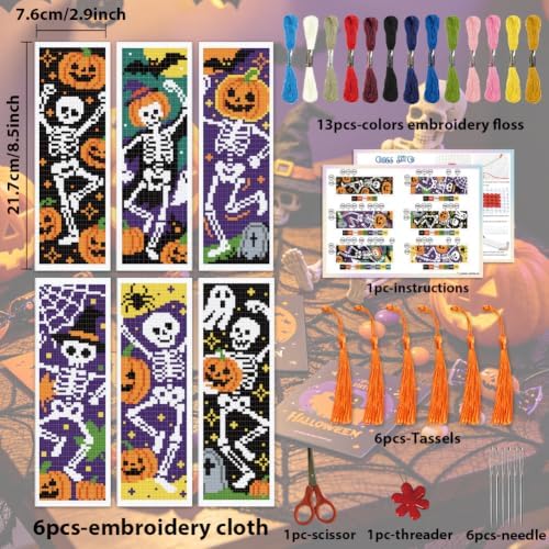 ACRNIGHEET 6PCS Cross Stitch Bookmark Kit (Halloween Skeleton Pattern) - Image 2