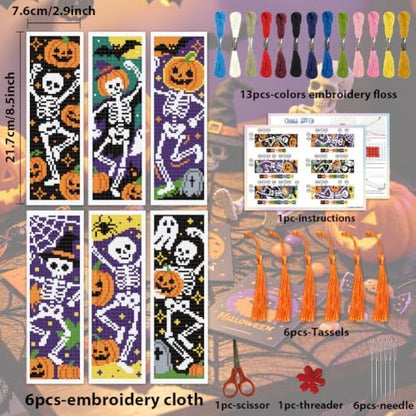ACRNIGHEET 6PCS Cross Stitch Bookmark Kit (Halloween Skeleton Pattern) - Image 2