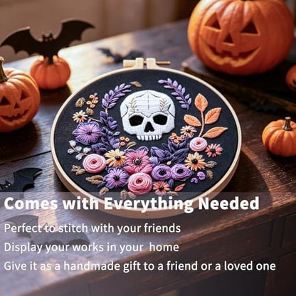 FONNUY Halloween Embroidery Kits for Beginners,Skull Pumpkin Spider Web Floral Stamped Cross Stitch Kit for Adults, Spooky Season Boho Wall Decor, 8'' Hoop (Skull 3) - Image 3