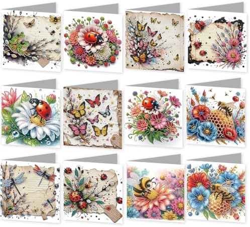 jinglinhh 12pcs Diamond Art Painting Ladybug Bee Butterfly Insect Flower Greeting Cards with Envelopes, DIY Card Making Kits for Adults, Diamond Art Christmas Cards for Holiday Gifts by Unknown