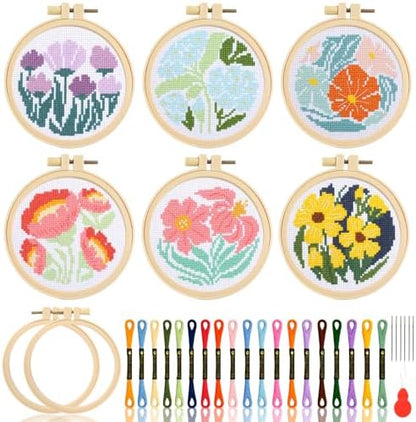ZOIIWA 6PCS Flower Embroidery Kit for Beginners Adults Summer Cross Sewing Kits DIY Starter Hand Embroidery Kit with Needlepoint Patterns Hoop Threads Needles Instructions Craft Gift for Home Decor by ZOIIWA