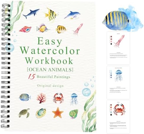 Watercolor Workbooks Ocean Animals, 15 Beautiful Paintings for Water Color Book Adult, Watercolor Coloring Book for Beginners, Watercolor Workbook for Adults Teens (Without Palette, Ocean Animals) by Terself