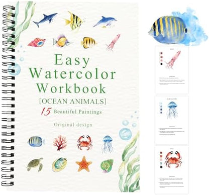 Watercolor Workbooks Ocean Animals, 15 Beautiful Paintings for Water Color Book Adult, Watercolor Coloring Book for Beginners, Watercolor Workbook for Adults Teens (Without Palette, Ocean Animals) by Terself